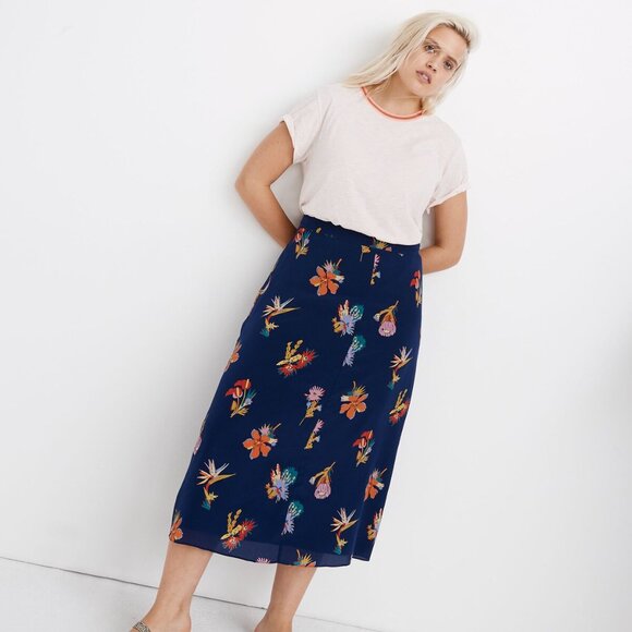 Madewell Silk Atrium Midi Skirt Bird of Paradise Floral Blue Size 10 - Picture 8 of 14